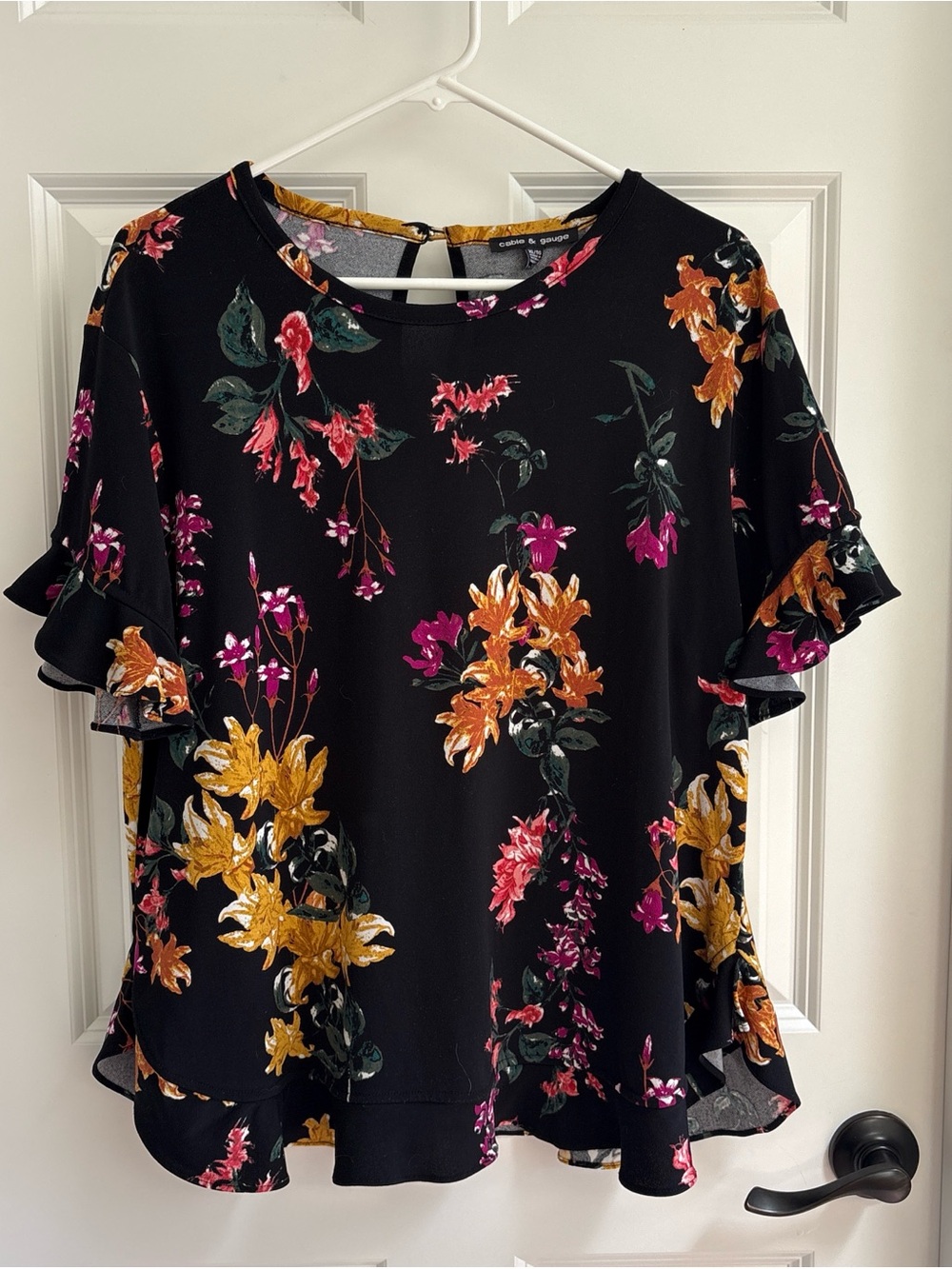 Cable & Gauge Black Floral Ruffle Sleeve Blouse - Gold & Pink